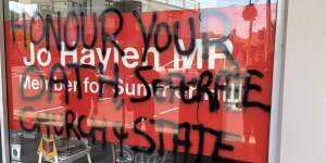 The Sydney electorate office of Transport Minister Jo Haylen has been graffitied multiple times in recent months. 