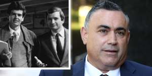 Former NSW deputy premier John Barilaro. Inset,Terry Metherell and Nick Greiner in 1988. 