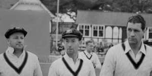 Don Bradman,left,leads Australia on to the field for their tour match with Worcestershire during The Invincibles tour in 1948.
