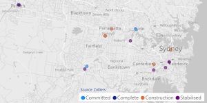 Build-to-rent projects in Sydney that are complete,under construction or are likely to be delivered by 2026.