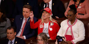 Marjorie Taylor Green,a Republican from Georgia,heckles President Joe Biden during the 2024 State of the Union address at the US Capitol in Washington.