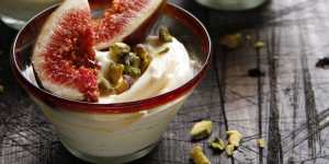 Saffron-streaked yoghurt with figs and pistachios.