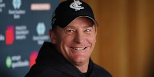 Carlton coach Michael Voss addresses the media.