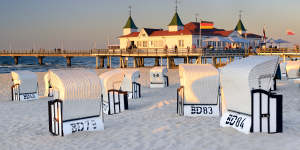 Strandkorbs are wicker sofas with a canvas hood and are popular on Timmendorfer Strand,Germany.