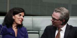 The new crossbench MP talks with Defence Minister Christopher Pyne in the chamber on Tuesday.
