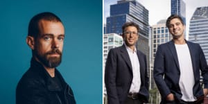 Jack Dorsey of Square,left,and Anthony Eisen and Nicholas Molnar of Afterpay. 