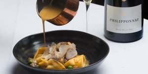 Rabbit tortellini paired with champagne at Masani in Carlton.