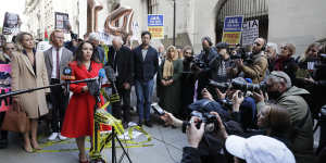 Stella Moris,partner of Julian Assange gives a statement outside the Old Bailey in London on Thursday.