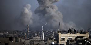 Smoke rises following Israeli bombardments in Khan Younis,southern Gaza Strip.