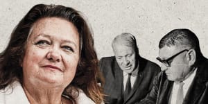Gina Rinehart and her company Hancock Prospecting,started by her father Lang (far right),is defending claims to its Hope Downs iron ore tenement in the Pilbara from Wright Prospecting,started by Peter Wright (left).