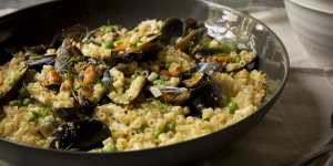 Macaroni with mussels,spring peas and toasted breadcrumbs.