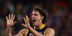 James Borlase celebrates his first goal in the AFL.
