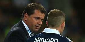 Then Melbourne Victory coach Ange Postecoglou with Leigh Broxham. 