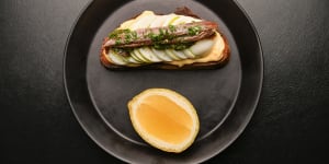 Toast with the most:Anchovy toast loaded with egg slices,salsa verde and mayonnaise.