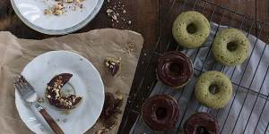 Vegan matcha doughnuts with chocolate ganache.