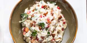 Smoky and tangy:Eggplant and pomegranate yoghurt.