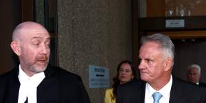 NSW independent upper house MP Mark Latham and his barrister Kieran Smark,KC,outside the Federal Court in Sydney.