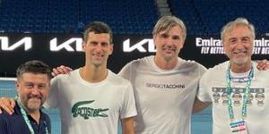 Novak Djokovic at Rod Laver Arena on Monday night with his team,including coach Goran Ivanisevic to Djokovic’s right.