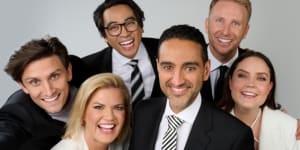 The Project’s current regular line-up includes (clockwise from left) Sam Taunton,Michael Hing,Hamish Macdonald,Georgie Tunny,Waleed Aly and Sarah Harris.