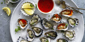 Oyster platter with homemade hot sauce.