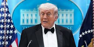 Donald Trump speaks in the James Brady Press Briefing Room at the White House after an unspecified threat at the annual White House Correspondents’ Association Dinner in Washington.