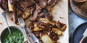 Adam Liaw’s roast lamb shoulder with mint sauce and gravy.