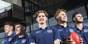 Oliver Wiltshire (centre) flanked by fellow Geelong draftees (left to right) Connor O’Sullivan,Shaun Mannagh,George Stevens and Emerson Jeka.