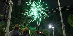Crowds watch the New Year’s Eve fireworks at Treasury Gardens.