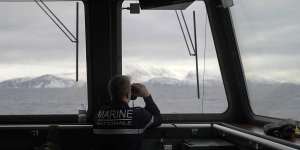 A French sailor uses binoculars to scan the area around the French navy frigate Normandie.