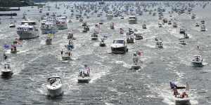 Hundreds of boats on the St Johns River during a rally for President Trump's birthday on Sunday.