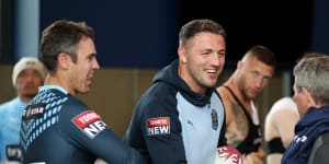 Sam Burgess greets Penrith great Royce Simmons alongside NSW coach Brad Fittler.
