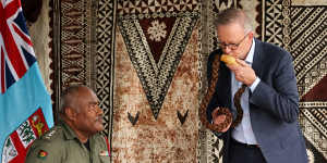 Prime Minister Anthony Albanese during a traditional sevusevu ceremony.