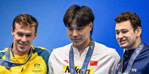 Zac Stubblety-Cook,Qin Haiyang and Matt Fallon at the World Championships in 2023.