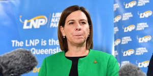 Queensland LNP Leader Deb Frecklington says the words"renewable energy"and"climate change"but opposes the renewable target.