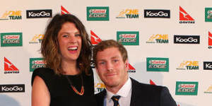 David Pocock poses with his partner Emma on the gold carpet during the John Eales Medal at the Sydney Convention and Exhibition Centre in 2012.