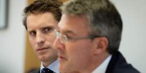 Liberal MP Andrew Hastie and Shadow Attorney-General Mark Dreyfus during a Parliamentary Joint Committee of Intelligence and Security (PJCIS) hearing on the Review of the Home Affairs and Integrity Agencies Legislation Amendment Bill 2017,at Parliament House in Canberra.