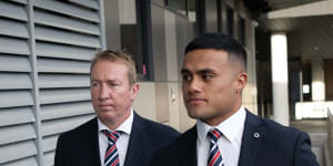 Roosters forward Spencer Leniu enters the NRL judiciary hearing on Monday night with coach Trent Robinson.