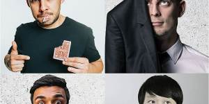 Clockwise from top:Dom Chambers,Simon Coronel,Lawrence Leung and Vyom Sharma in Headliners of Magic at Melbourne Fringe.