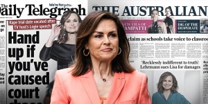 Lisa Wilkinson outside the Federal Court during Bruce Lehrmann’s defamation case,and two of the headlines in the News Corp press about her Logies speech and the Lehrmann lawsuit.