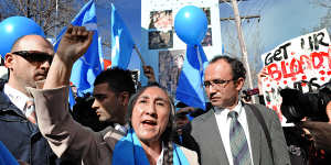 Exiled Uighur leader Rebiya Kadeer addresses a rally outside the Chinese Consulate in Toorak.