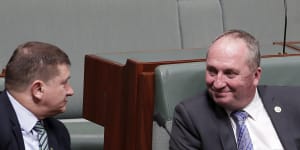 Llew O'Brien talks with Barnaby Joyce during Question Time,before Mr O'Brien was elected deputy speaker of the House of Representatives.