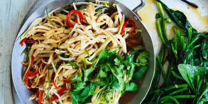 Stir-fried spinach with garlic and chilli (pictured with roast chicken stir-fry).