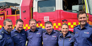 Eureka Group Strike Team leader Alistair Couzenes (left) with the five crew members involved in the “burnover”,Jeremy Gumley,Brett Marshall,Liam Ryan,Georgia Cook and Jarrod Pegg.