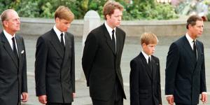 Prince Philip,Prince William,Earl Spencer,Prince Harry and Prince Charles walking behind Princess Diana’s coffin.