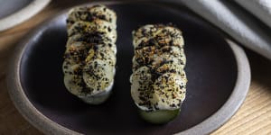Go-to dish:Charred cucumber with smoked yoghurt,muscat grapes and shichimi.