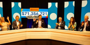 From left,Sarah and Mark McGowan,Basil Zempilas,Kerry Stokes and wife Christine and Richard Goyder at the Telethon in Perth in October 2022.