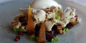 An unruly nitro walnut mousse dessert is reminiscent of banoffee pie.
