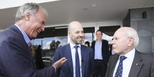 Liberal candidate for Bennelong Simon Kennedy (centre) campaigning with retiring MP John Alexander (left) and former prime minister John Howard.