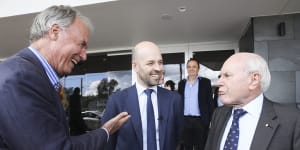 Liberal candidate for Bennelong Simon Kennedy (centre) campaigning with retiring MP John Alexander (left) and former Prime Minister John Howard.