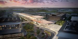 An artist’s impression of a proposed elevated rail station at Melbourne Airport when a new link to the CBD is built,which could now be delayed for years.
